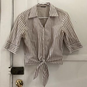 Vintage striped tie-waist button-up crop blouse